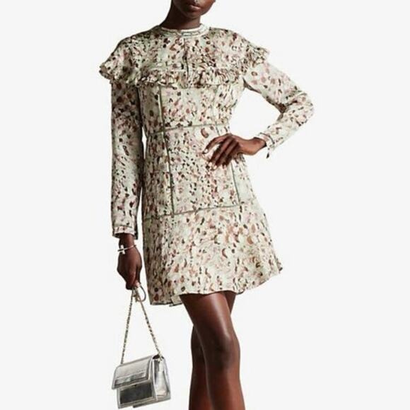 Ted Baker Orrsett Fit and Flare Mini ruffle cape Dress green US size 2 (size 0) - Picture 1 of 16